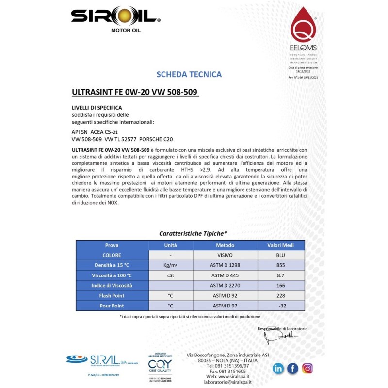 ULTRASINT FE SAE 0W-20 VW 508/509 (Tanica 20L) | Olio Sintetico API SP | ACEA C6 | 10220 ULTRASINT FE SAE 0W-20 VW 508/509 (Tanica 20L) | Olio Sintetico API SP | ACEA C6 | 10220