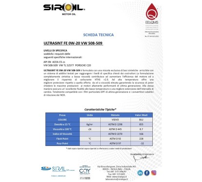 ULTRASINT FE SAE 0W-20 VW 508/509 (Tanica 20L) | Olio Sintetico API SP | ACEA C6 | 10220 - 27O-10220 - 27O-10220