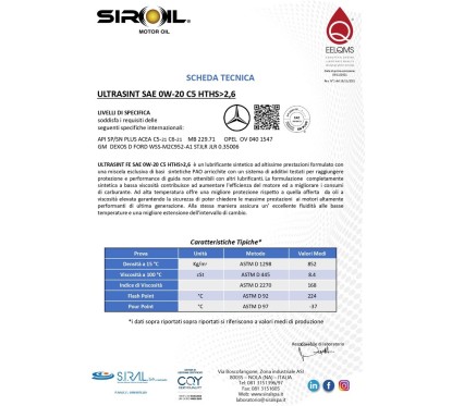 ULTRASINT SAE FE 0W-20 C5 HTHS 2.6 | Olio Sintetico API SP | ACEA C5/C6 | 4 x 5 L | 10305 - 27O-10305 - 27O-10305