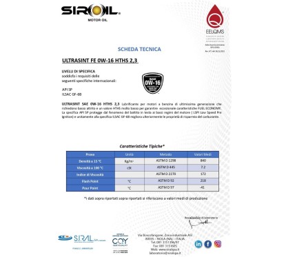 ULTRASINT FE 0W-16 | Olio Sintetico API SP | ILSAC GF-6B | 12 x 1 L | 10501